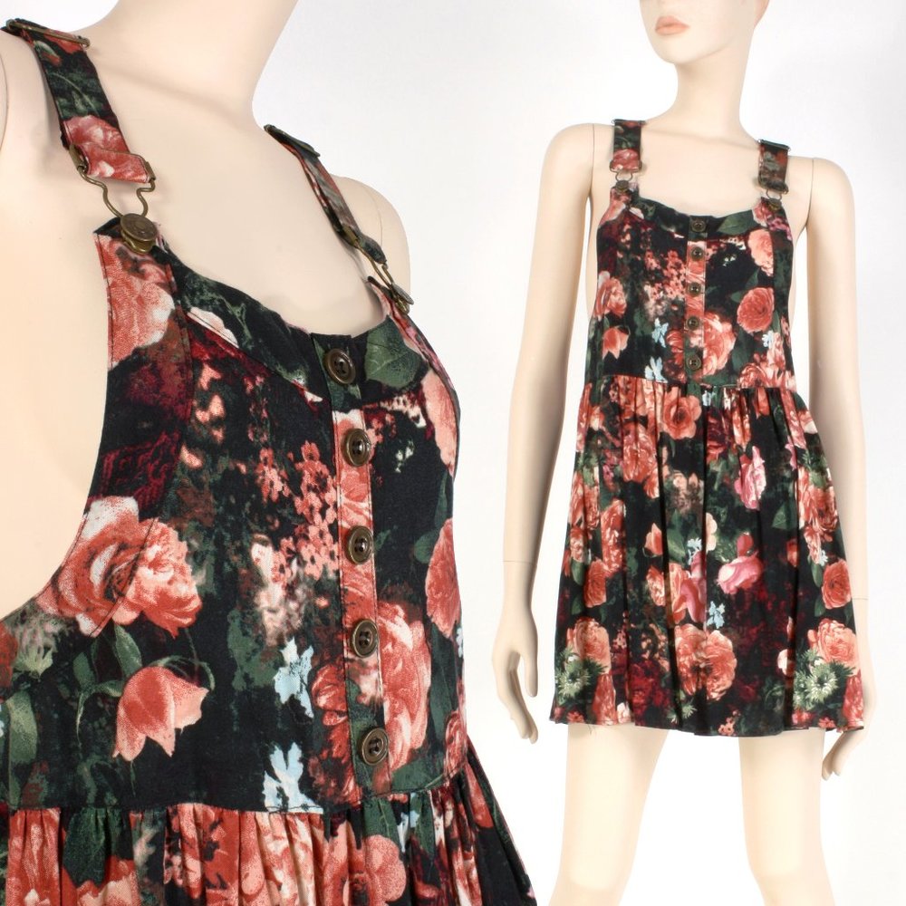 S Vintage Y2k Floral Pinafore Suspender Mini Dress Deadstock - Picture 1 of 7